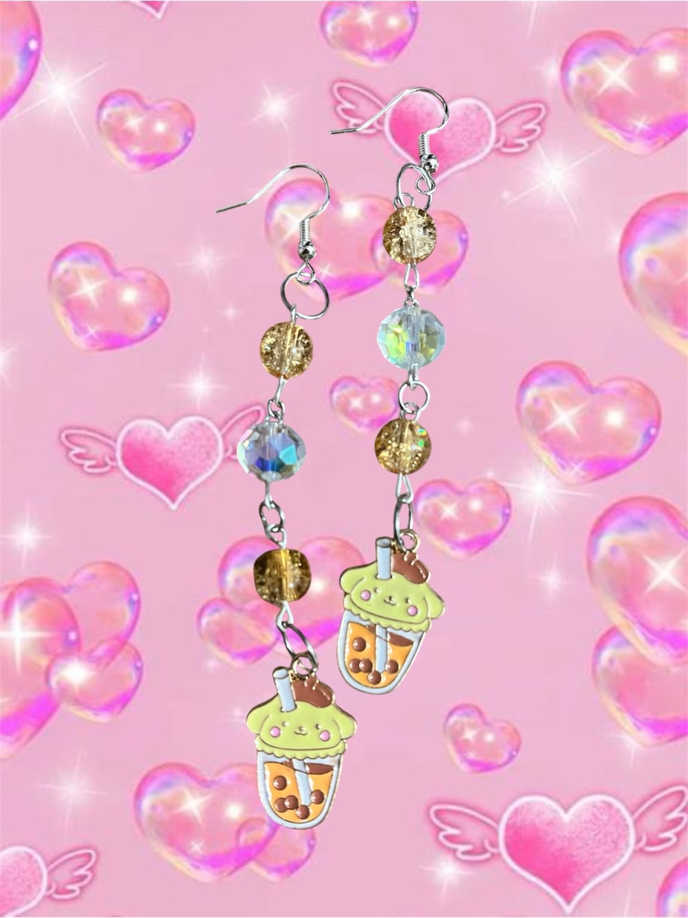 Cute Bubble Tea Dangle Earrings for Kids - Lime Green & Gold